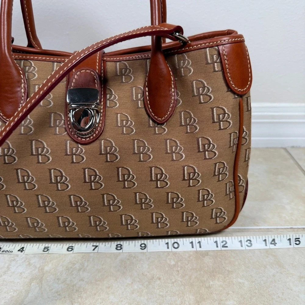 Dooney & Bourke Brown DB Monogram Canvas Leather Satchel Tote Bag Medium